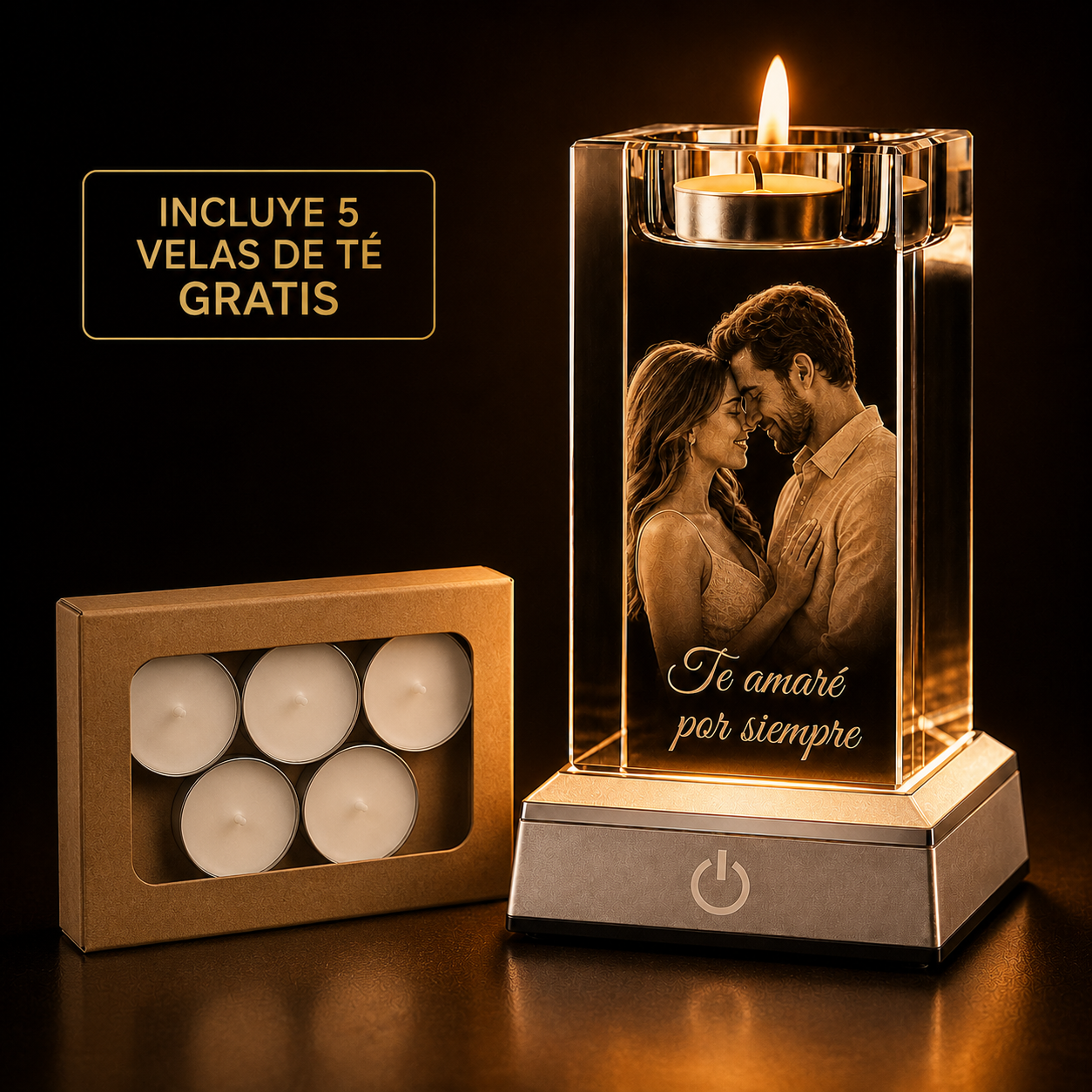 Cristal K9 Personalizados - Portavelas 90x60x130 (Base Led y vela de té Inlcuido)