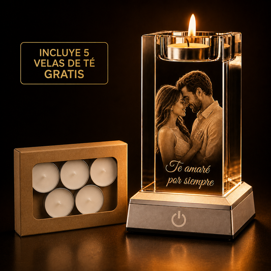 Cristal K9 Personalizados - Portavelas 90x60x130 (Base Led y vela de té Inlcuido)